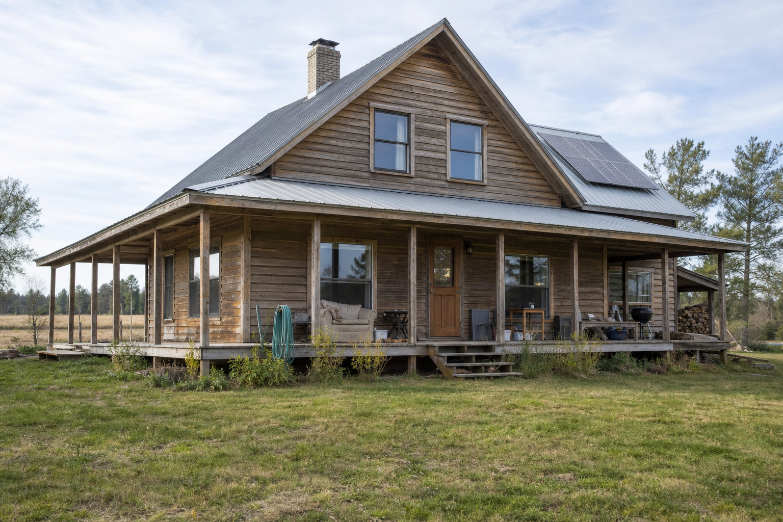 Peter and Morgan's cabin with a porch and solar panels